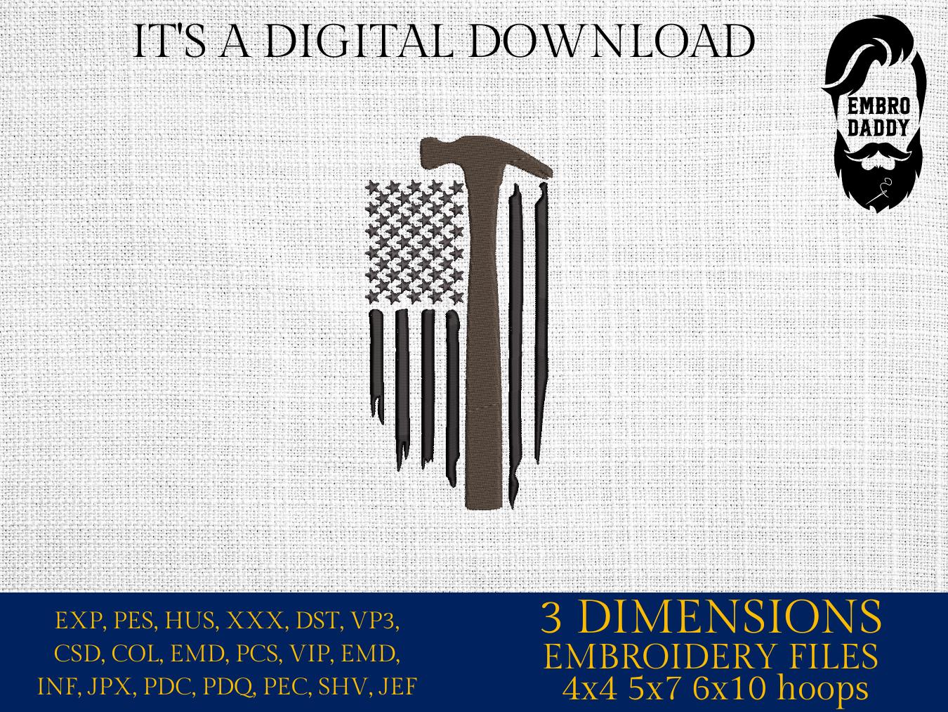 Machine Embroidery files, Usa flag, Construction Hammer, Work, Home House Repair, Job Service, Tool Build, Fix Shop, PES, DST, hus & more