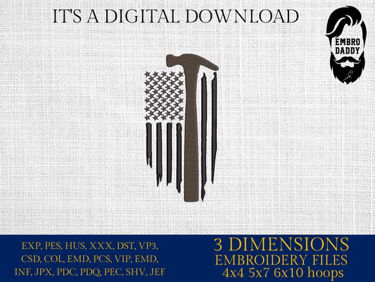 Machine Embroidery files, Usa flag, Construction Hammer, Work, Home House Repair, Job Service, Tool Build, Fix Shop, PES, DST, hus & more