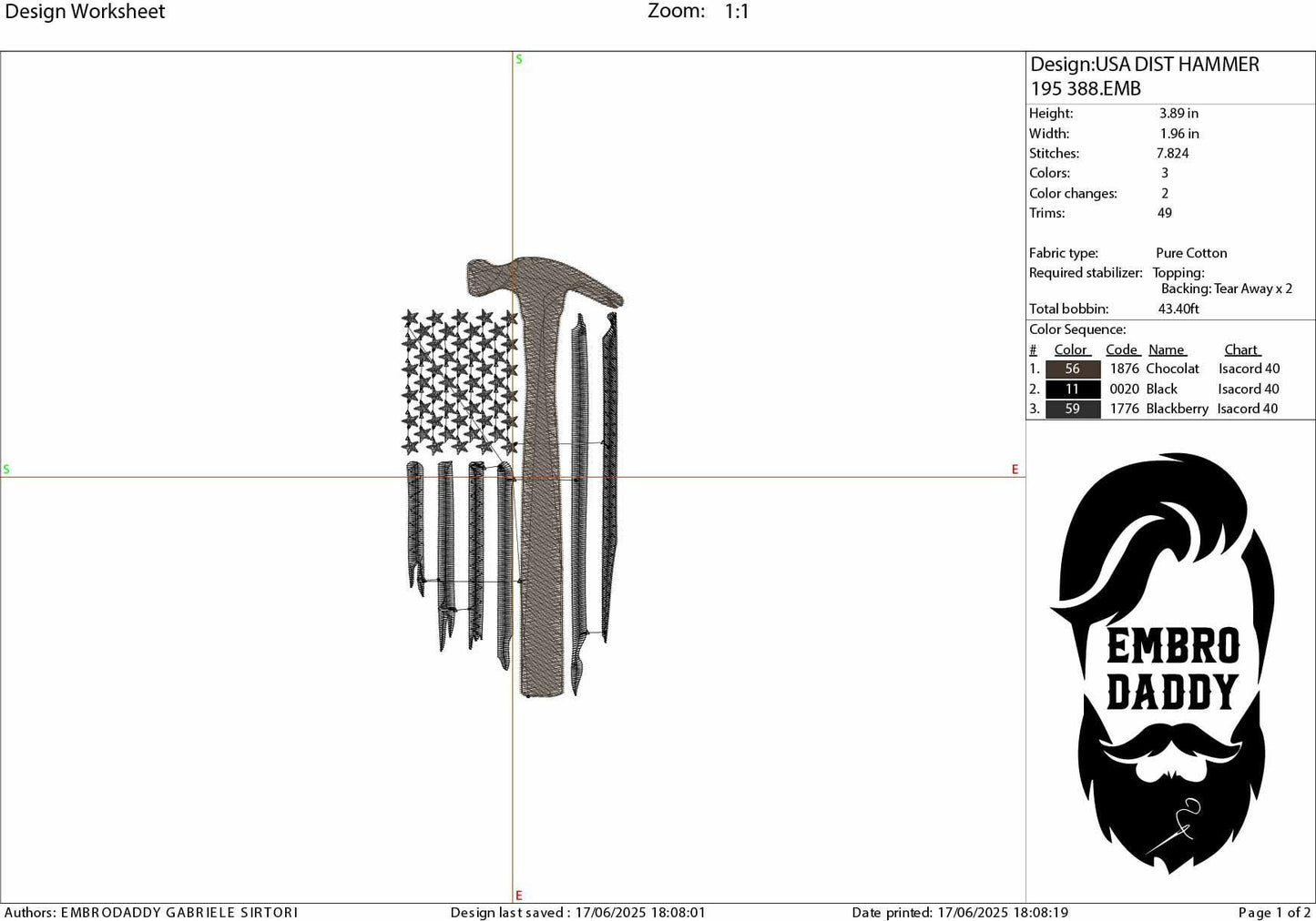 Machine Embroidery files, Usa flag, Construction Hammer, Work, Home House Repair, Job Service, Tool Build, Fix Shop, PES, DST, hus & more