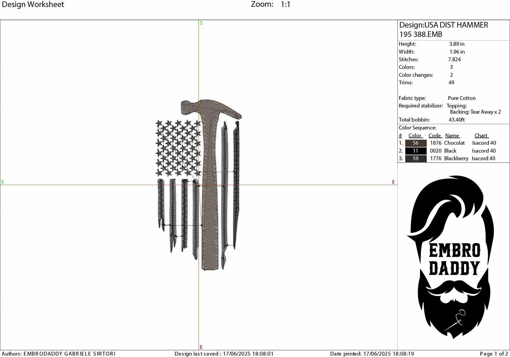 Machine Embroidery files, Usa flag, Construction Hammer, Work, Home House Repair, Job Service, Tool Build, Fix Shop, PES, DST, hus & more