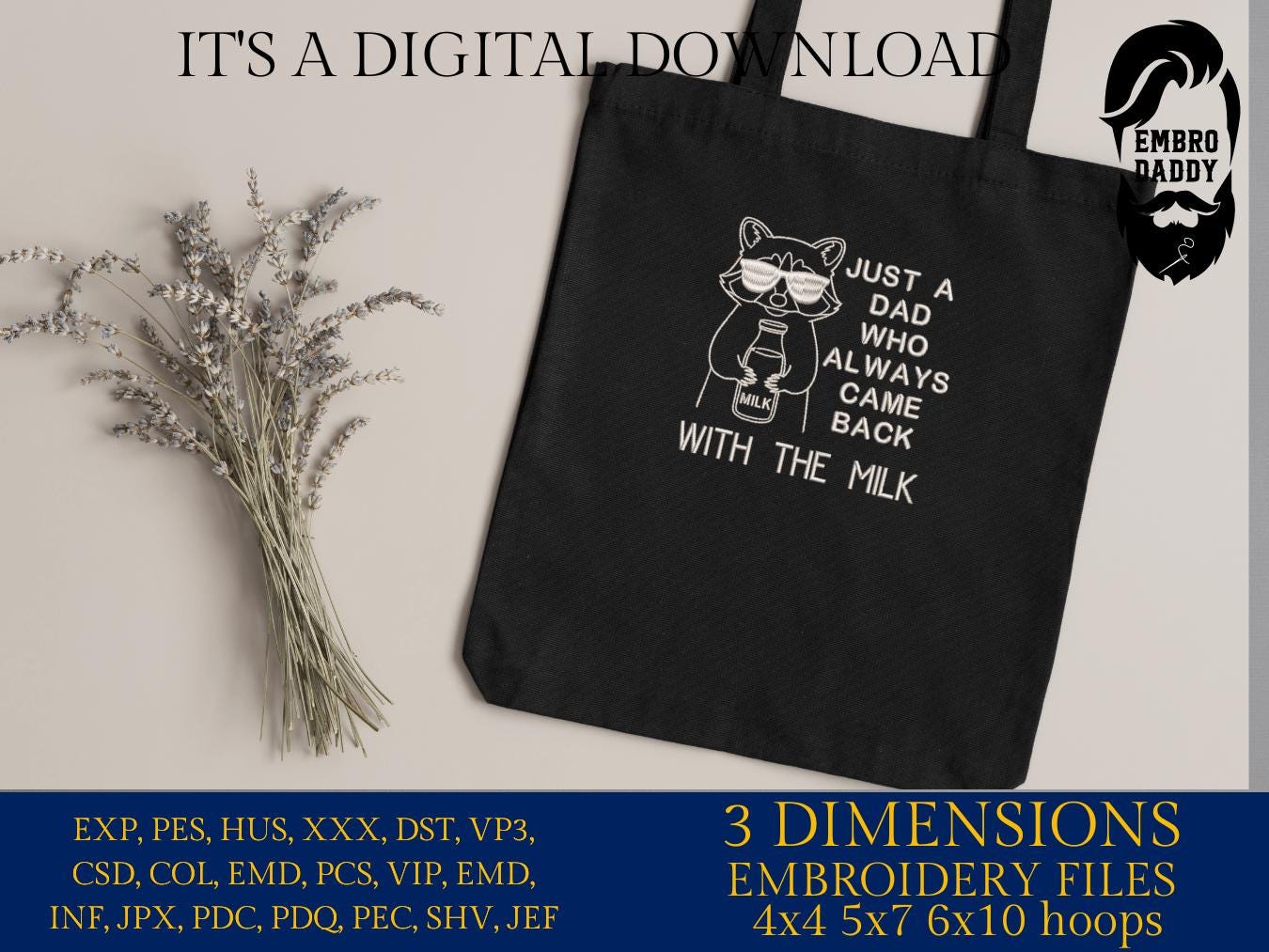Machine Embroidery files, Just A Dad Who Always Came Back With Milk, Trendy Father Day, Snarky Raccoon, PES, dst, xxx & more