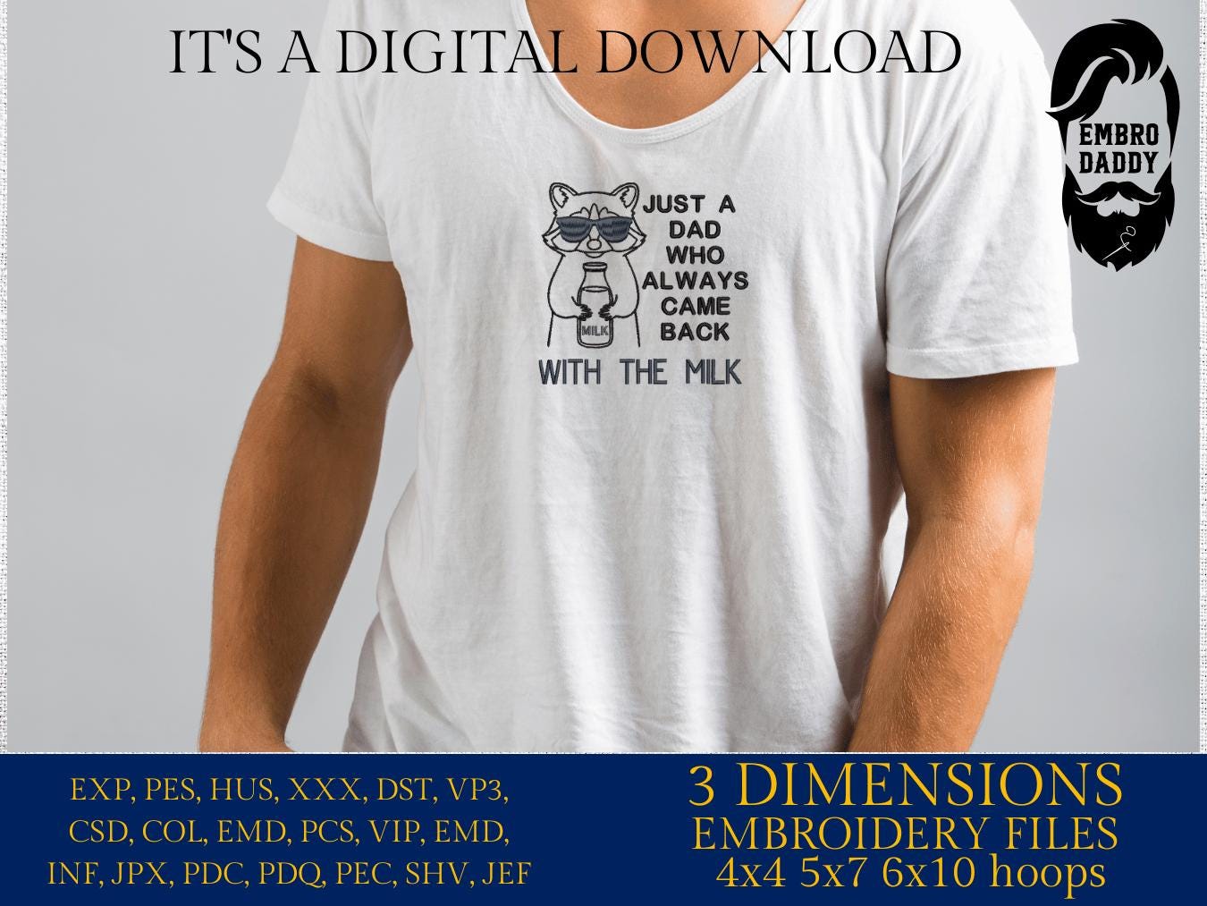 Machine Embroidery files, Just A Dad Who Always Came Back With Milk, Trendy Father Day, Snarky Raccoon, PES, dst, xxx & more