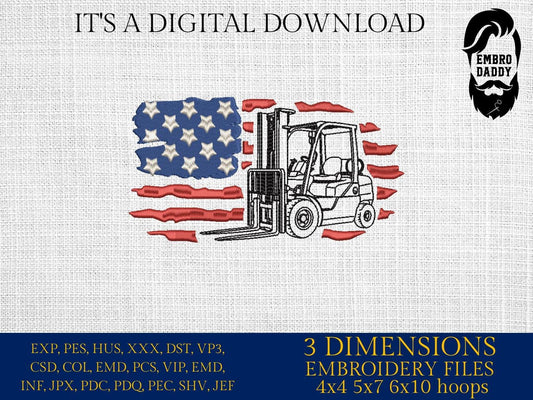Machine Embroidery files, USA flag forklift, Fork Lift, Warehouse Lift, Equipment, PES, DST, xxx, hus & more