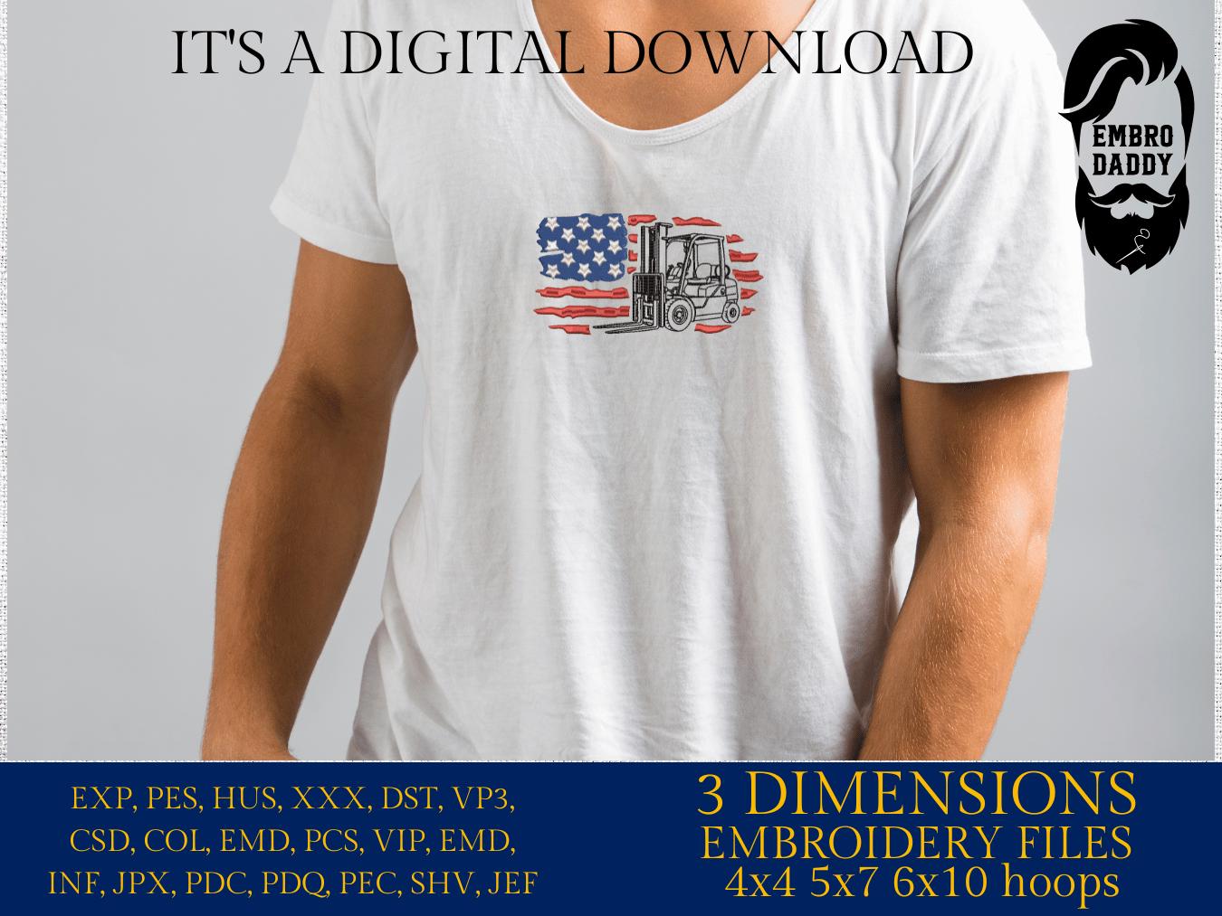 Machine Embroidery files, USA flag forklift, Fork Lift, Warehouse Lift, Equipment, PES, DST, xxx, hus & more