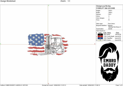 Machine Embroidery files, USA flag forklift, Fork Lift, Warehouse Lift, Equipment, PES, DST, xxx, hus & more