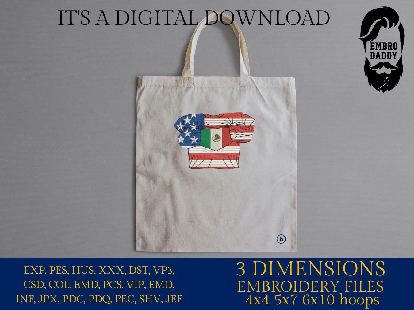 Machine Embroidery files, USA Mexico shirt, PES, xxx, hus, dst & more