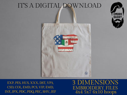 Machine Embroidery files, USA Mexico shirt, PES, xxx, hus, dst & more