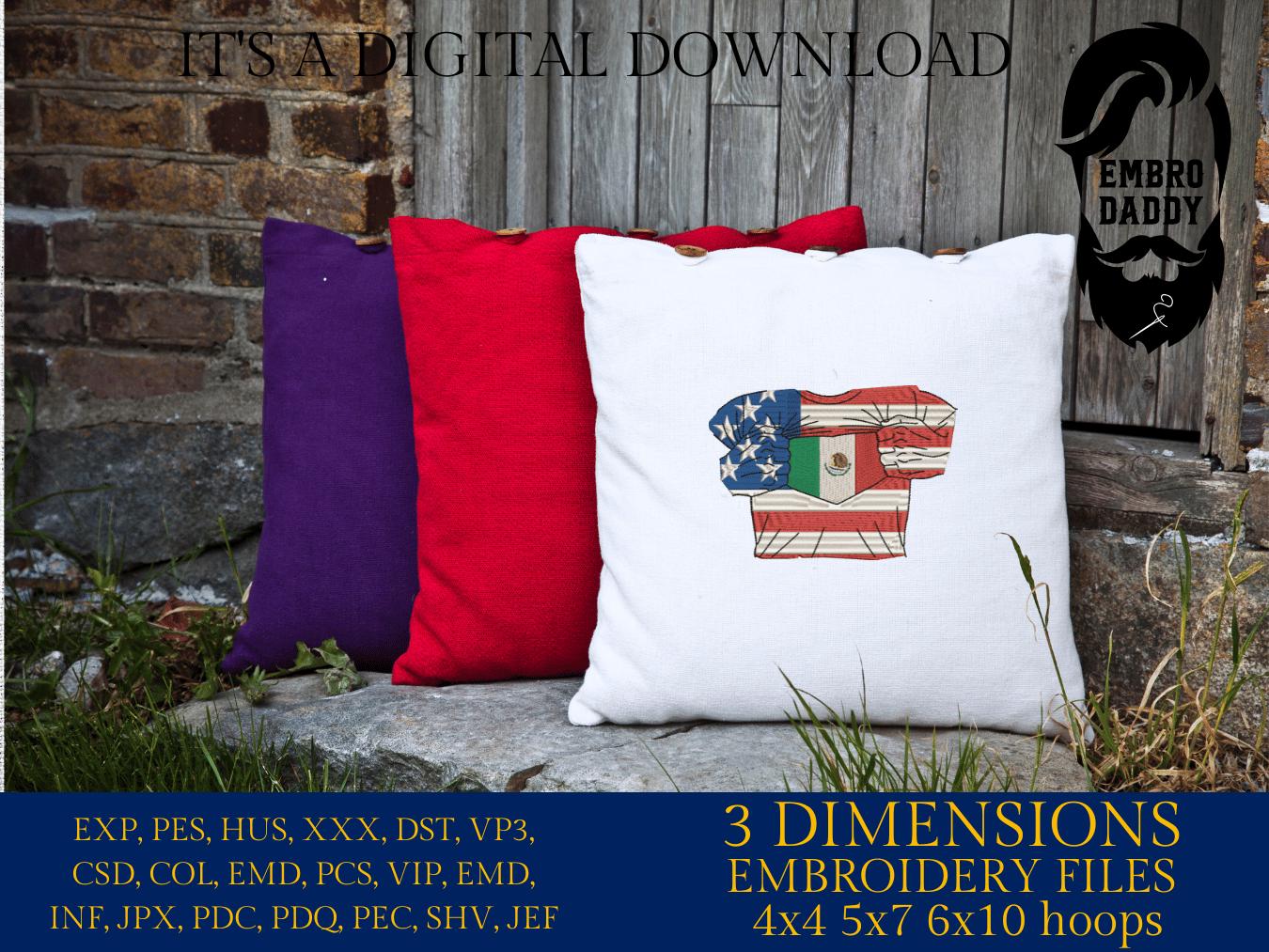 Machine Embroidery files, USA Mexico shirt, PES, xxx, hus, dst & more