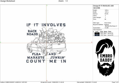 Machine Embroidery files, If It Involves Back Roads Flea Markets And Junkin' Count Me In, Thrifting Antiques, Junkin Queen, PES, xxx, & more