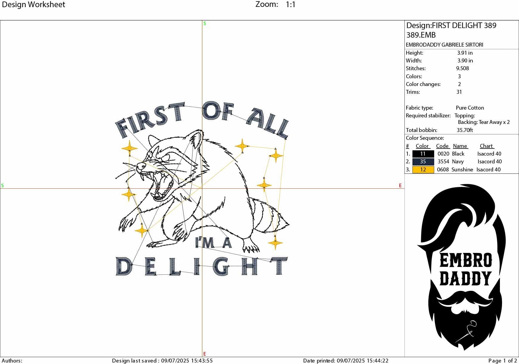 Machine Embroidery files, First Of All I'm a Delight, Sarcastic Raccoon, Snarky, Adult Humor, Sassy, PES, DST, xxx, hus & more