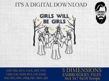 Machine Embroidery, Girls Will Be Girls Witch, Funny, Halloween Women, Witchy Vibes, Halloween Girls, Witches, PES, DST, xxx, hus and more