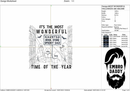 Machine Embroidery files, Haunted Bookstore Halloween, Retro Spooky Bookish, Halloween, Book lover, Boo Ghost Read Book PES, xxx, hus & more