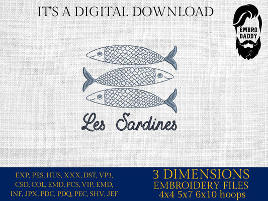 Machine Embroidery files, Les Sardines, Cute Fishes, PES, DST, hus & more