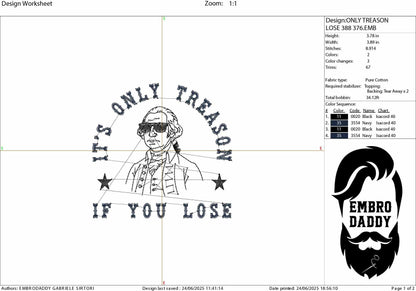 Machine Embroidery files, Its Only Treason if You Lose, 4th Of July, Patriotic, American Revolution, George Washington, PES, xxx, hus & more