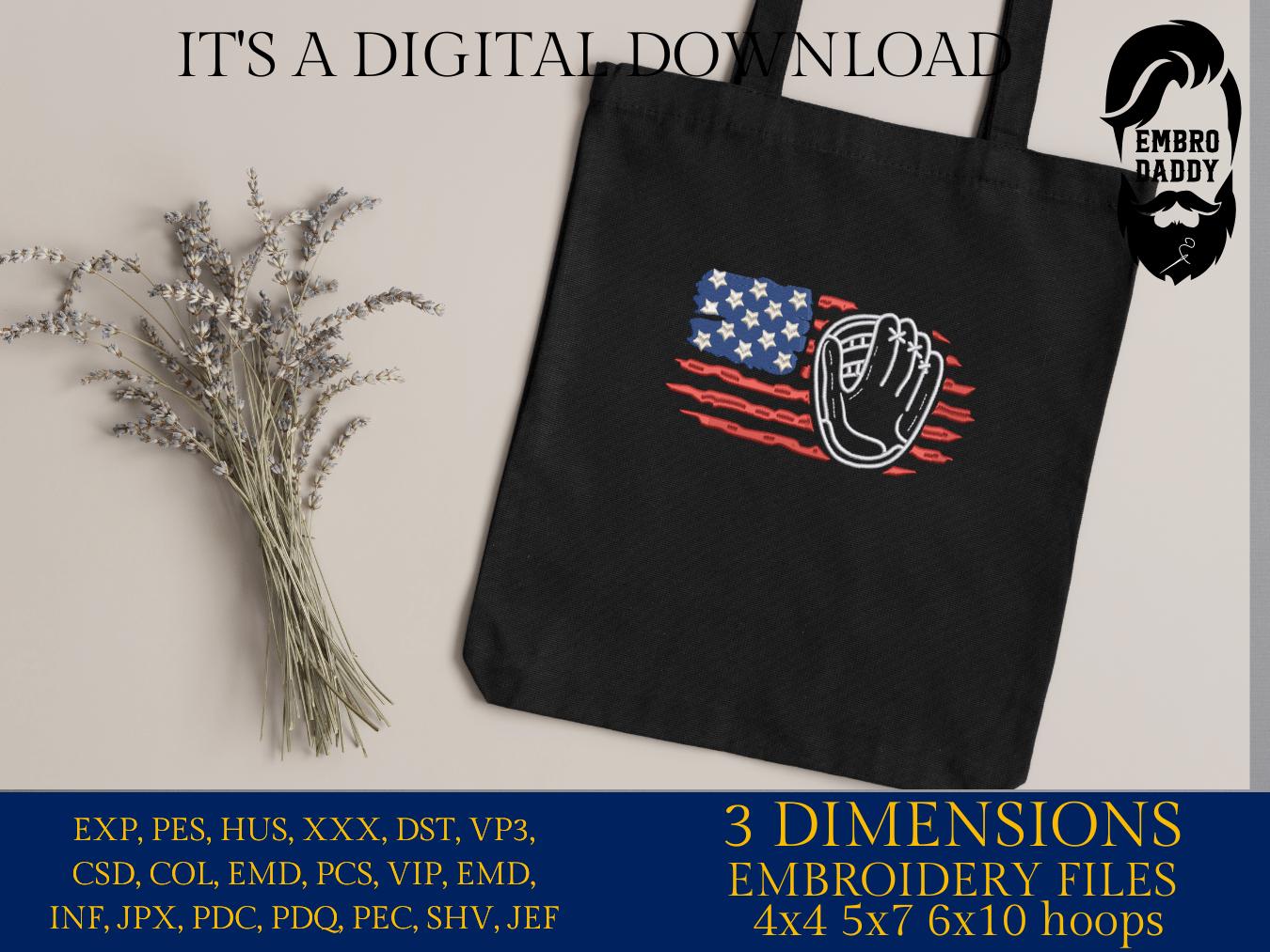 Machine Embroidery files, USA flag, baseball glove, PES, DST, xxx, hus & more