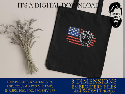 Machine Embroidery files, USA flag, baseball glove, PES, DST, xxx, hus & more