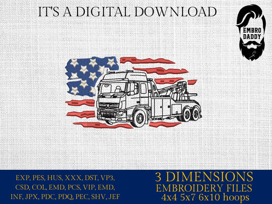 Machine Embroidery files, USA flag, Tow Trucker, Big Rigg, Wheeler, Semi Tractor, Trailer Shipping, Trucking , PES, DST, xxx, hus & more