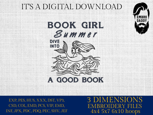 Machine Embroidery files, Book Girl Summer, Funny Mermaid Summer, Beach Book, Book Lover, Bookish Reader, Vacation, PES, xxx, hus & more