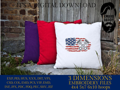 Machine Embroidery files, USA flag pistons, Mechanic, PES, DST, xxx, hus & more