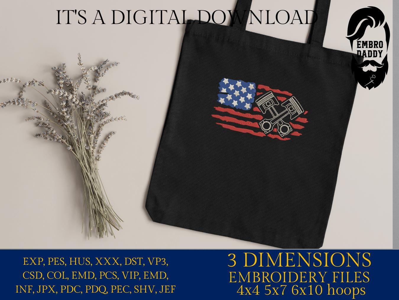 Machine Embroidery files, USA flag pistons, Mechanic, PES, DST, xxx, hus & more