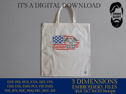 Machine Embroidery files, USA flag pistons, Mechanic, PES, DST, xxx, hus & more