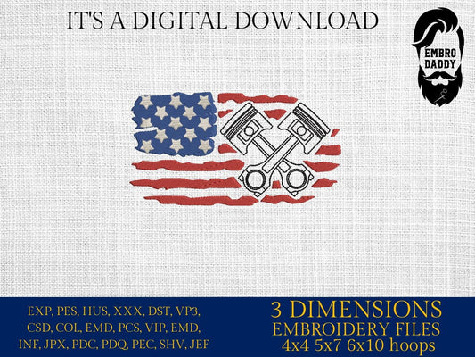 Machine Embroidery files, USA flag pistons, Mechanic, PES, DST, xxx, hus & more