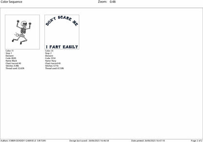 Machine Embroidery files, Don't Scare Me I Fart Easily, Funny Skeleton, Funny Halloween Skull, Sarcastic PES, dst, xxx & more
