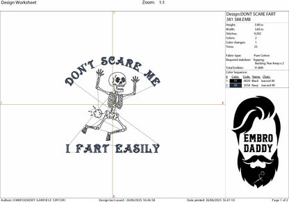 Machine Embroidery files, Don't Scare Me I Fart Easily, Funny Skeleton, Funny Halloween Skull, Sarcastic PES, dst, xxx & more