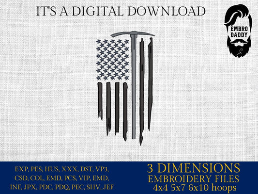 Machine Embroidery files, Mining Mine Miner, USA US Flag, Pickaxe, Hatchet, Dig Construction Shovel Tool Coal Gold, PES, xxx, hus & more