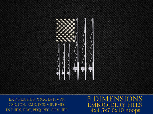 Machine Embroidery files, Fishing Pole USA Flag, Water Deep Sea, Sport, Game, Rod, Reel, Hook , PES, DST, xxx, hus & more