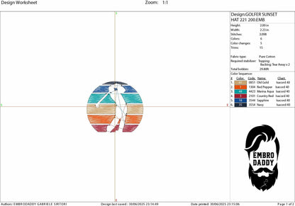 Machine Embroidery files digitized for hats, golfer sunset, embroidery files, PES, dst, xxx hus & more