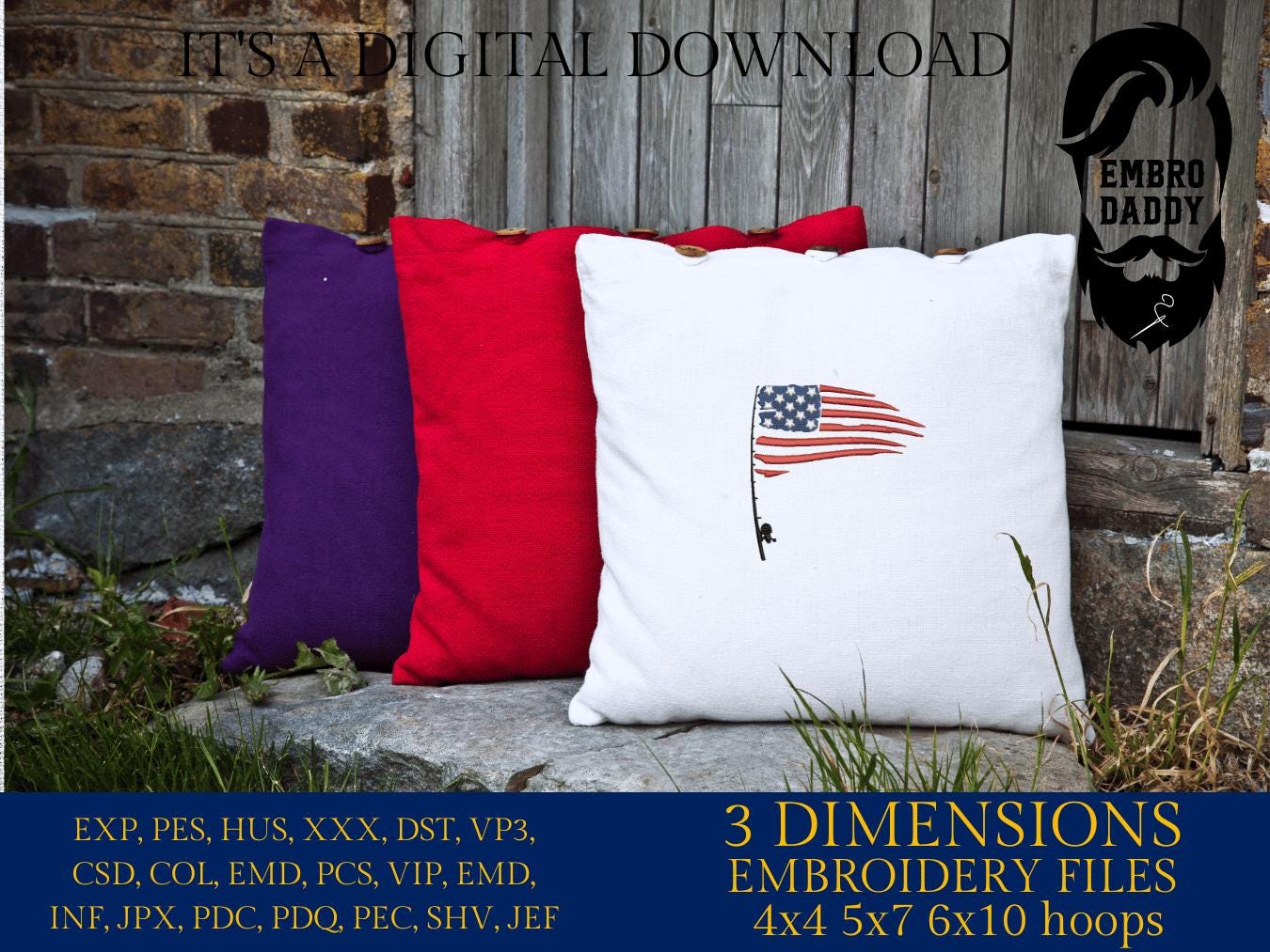 Machine Embroidery files, Fishing Pole USA Flag, Water Deep Sea, Sport, Game, Rod, Reel, Hook , PES, DST, xxx, hus & more