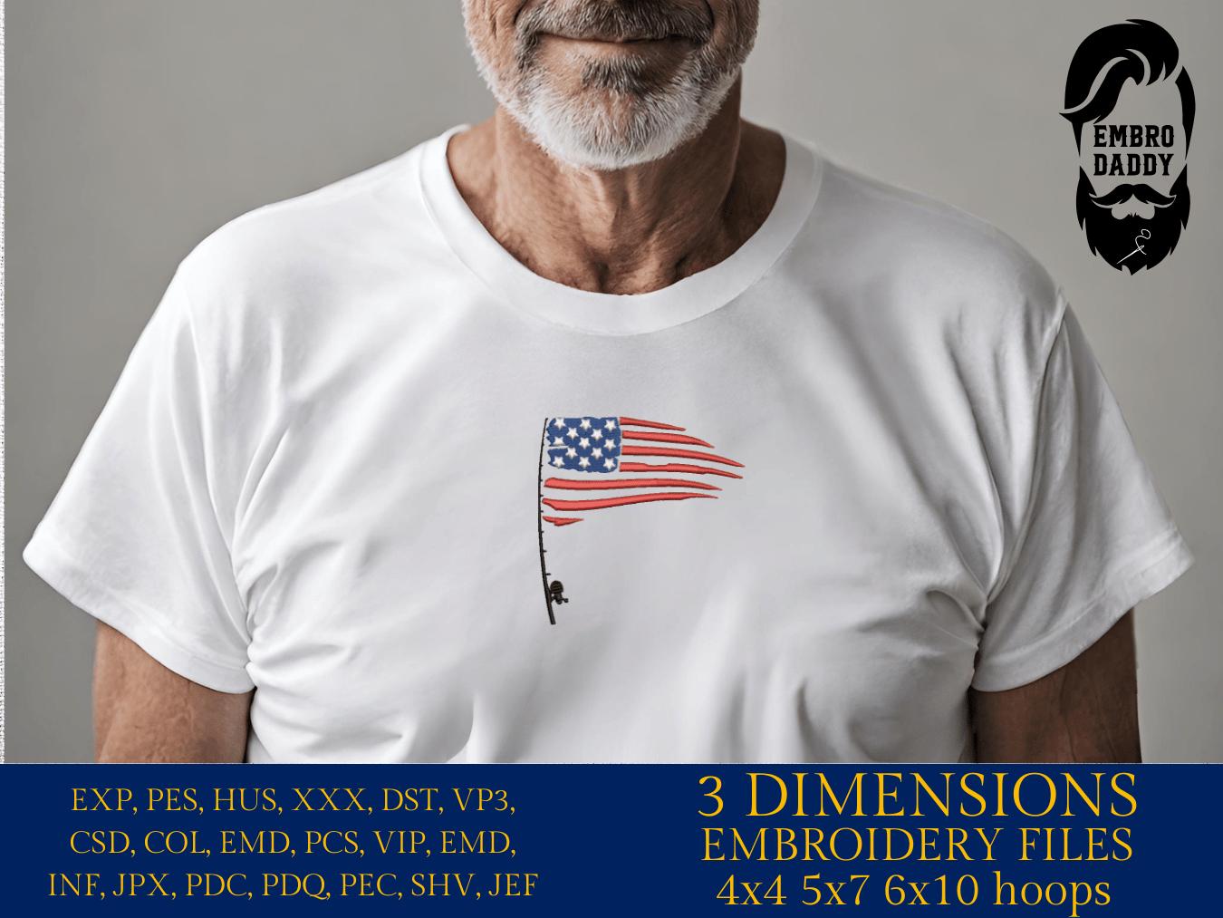Machine Embroidery files, Fishing Pole USA Flag, Water Deep Sea, Sport, Game, Rod, Reel, Hook , PES, DST, xxx, hus & more