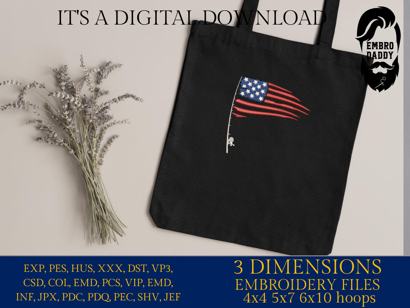 Machine Embroidery files, Fishing Pole USA Flag, Water Deep Sea, Sport, Game, Rod, Reel, Hook , PES, DST, xxx, hus & more