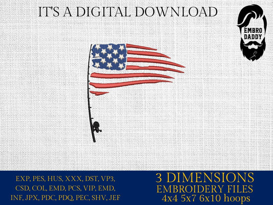 Machine Embroidery files, Fishing Pole USA Flag, Water Deep Sea, Sport, Game, Rod, Reel, Hook , PES, DST, xxx, hus & more