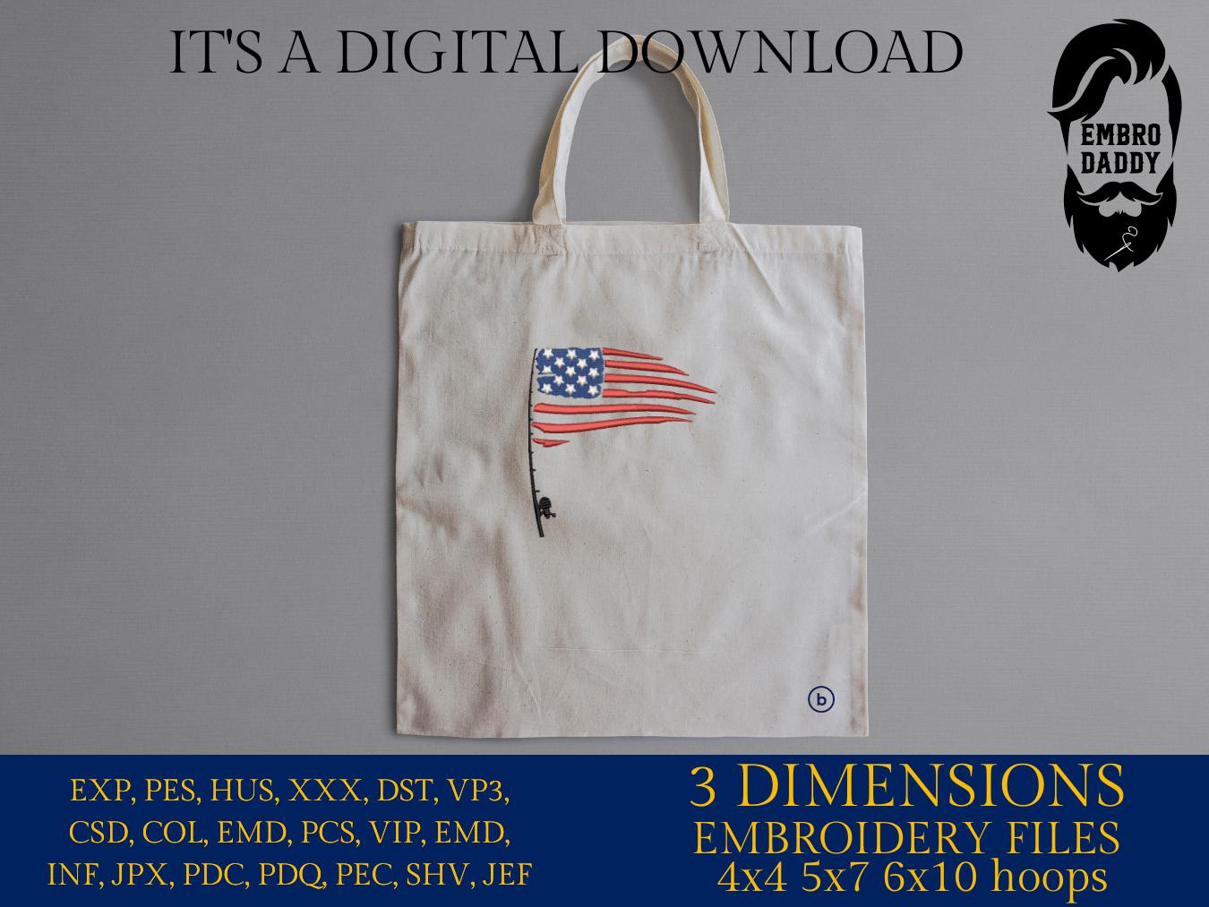Machine Embroidery files, Fishing Pole USA Flag, Water Deep Sea, Sport, Game, Rod, Reel, Hook , PES, DST, xxx, hus & more