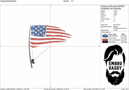 Machine Embroidery files, Fishing Pole USA Flag, Water Deep Sea, Sport, Game, Rod, Reel, Hook , PES, DST, xxx, hus & more