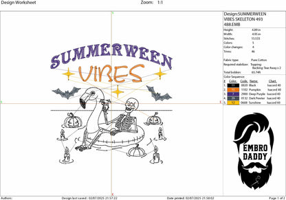 Machine Embroidery files, Summerween vibes, Funny Halloween, Summer, Funny Skeleton, PES, DST, xxx, hus and more