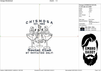 Machine Embroidery files, Chismosa Social Club, Funny, Girls Night Out, Latina Humor, Funny Cocktail, PES, 1st, xxx, hus & more