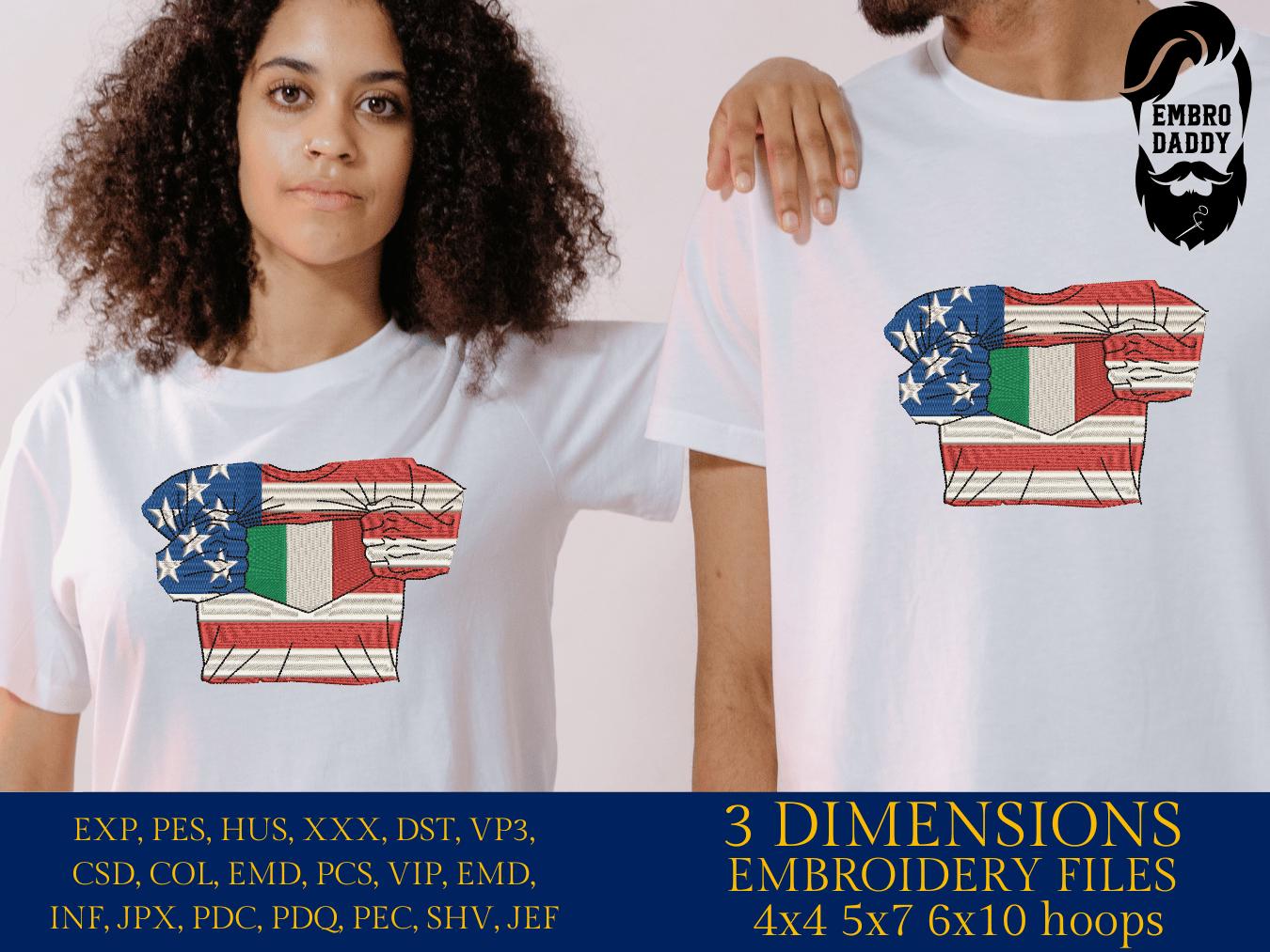Machine Embroidery files, USA Italy shirt, PES, xxx, hus, dst & more