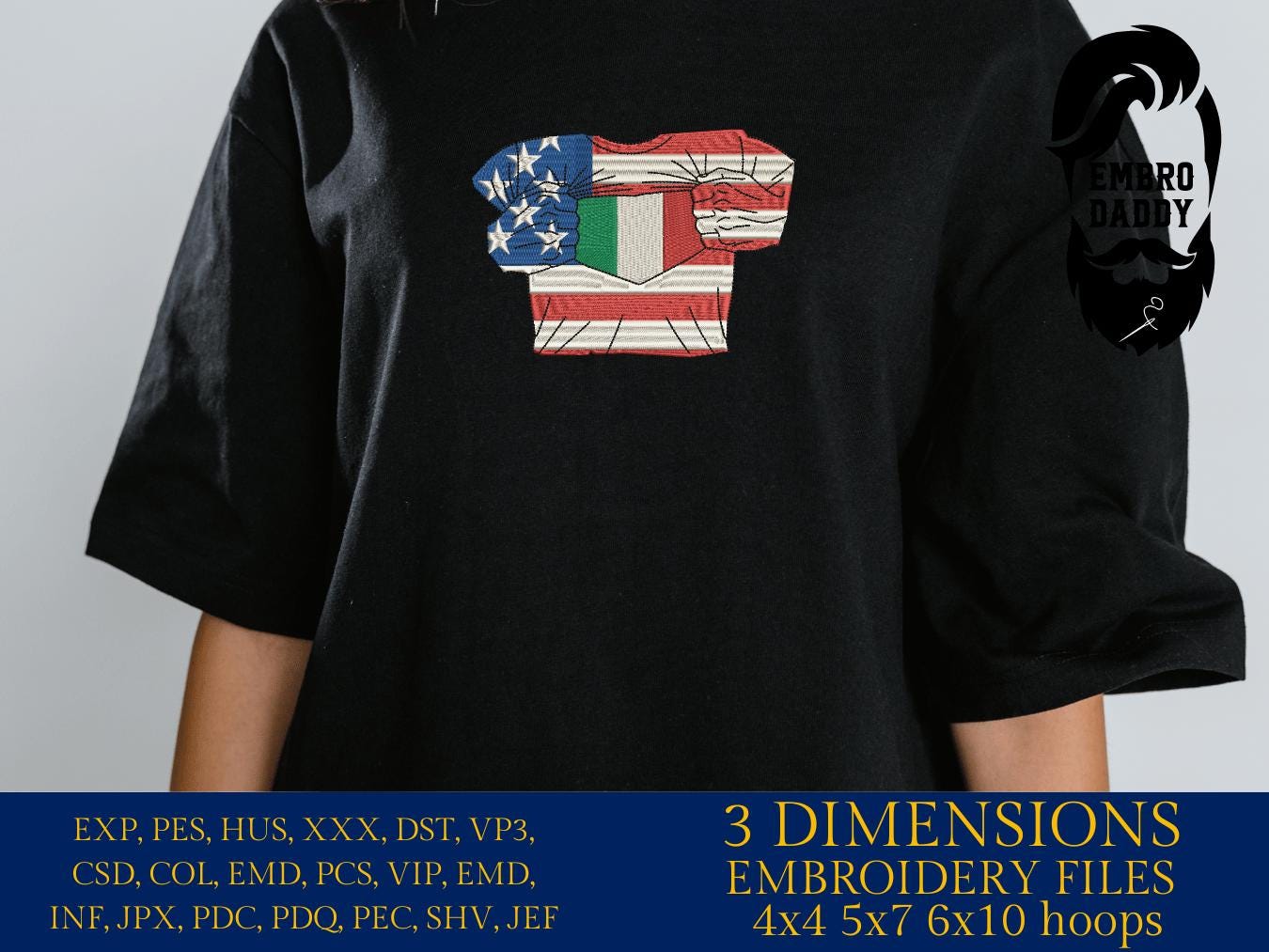 Machine Embroidery files, USA Italy shirt, PES, xxx, hus, dst & more