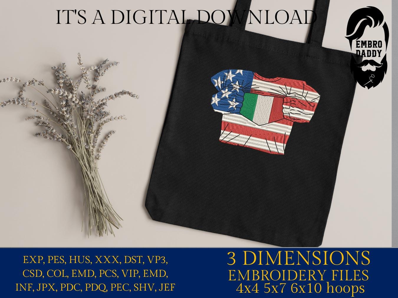 Machine Embroidery files, USA Italy shirt, PES, xxx, hus, dst & more