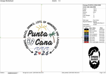 Machine Embroidery files, Punta Cana 2026, family vacation, beach, family trip, PES, xxx, hus & more