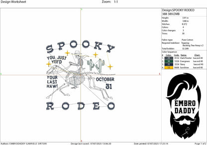 Machine Embroidery files, Spooky Rodeo, October 31, Cowboy, Spooky Skeleton, Western Halloween, Vintage Rodeo, PES, DST, xxx, hus and more