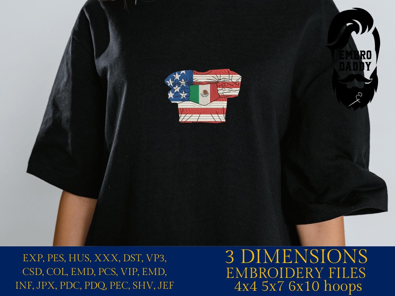 Machine Embroidery files, USA Mexico shirt, PES, xxx, hus, dst & more