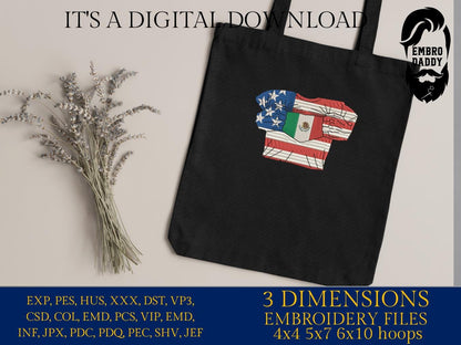Machine Embroidery files, USA Mexico shirt, PES, xxx, hus, dst & more