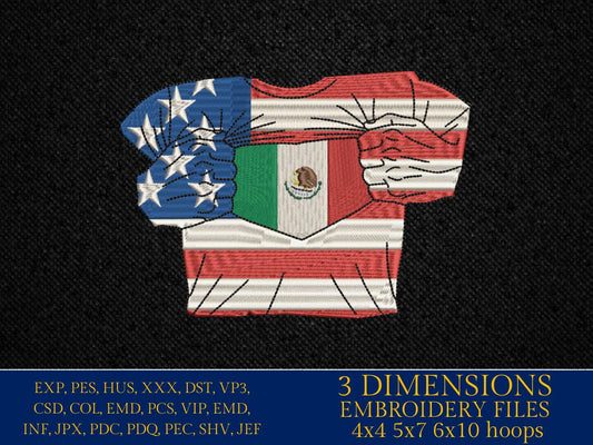 Machine Embroidery files, USA Mexico shirt, PES, xxx, hus, dst & more