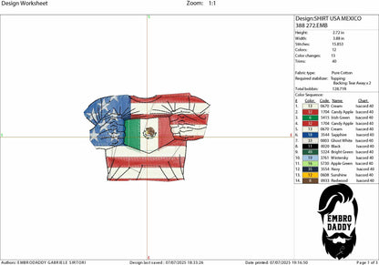 Machine Embroidery files, USA Mexico shirt, PES, xxx, hus, dst & more