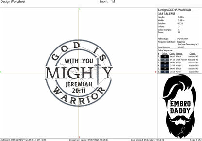 Machine Embroidery files, God Is With You Mighty Warrior Who Is With Us, Jeremiah 20:11, Christian, PES, DST, xxx, hus & more