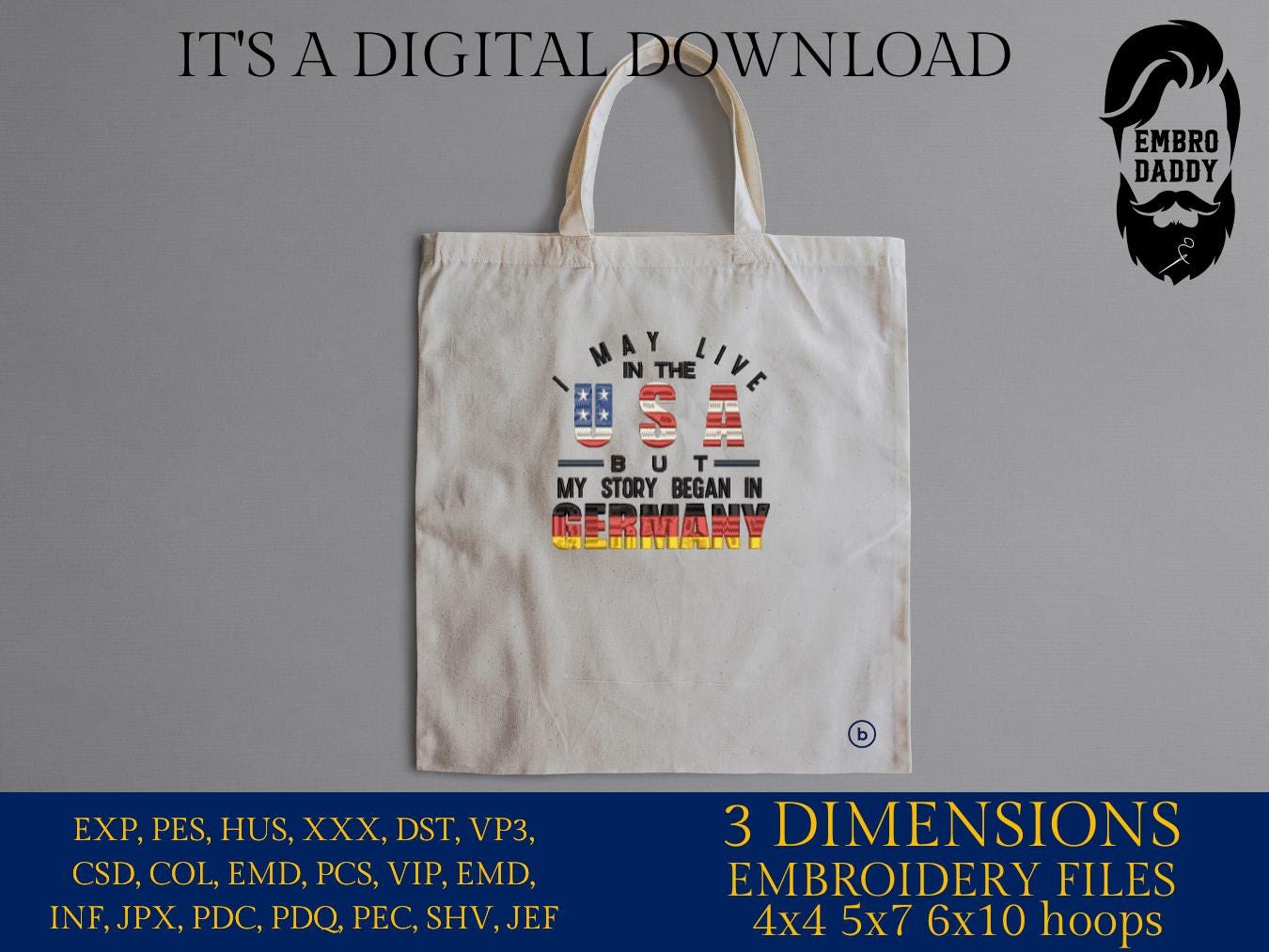 Machine Embroidery files, Germany, German, I Live USA But My Story Began, Flag, Country, PES, xxx, hus, dst & more